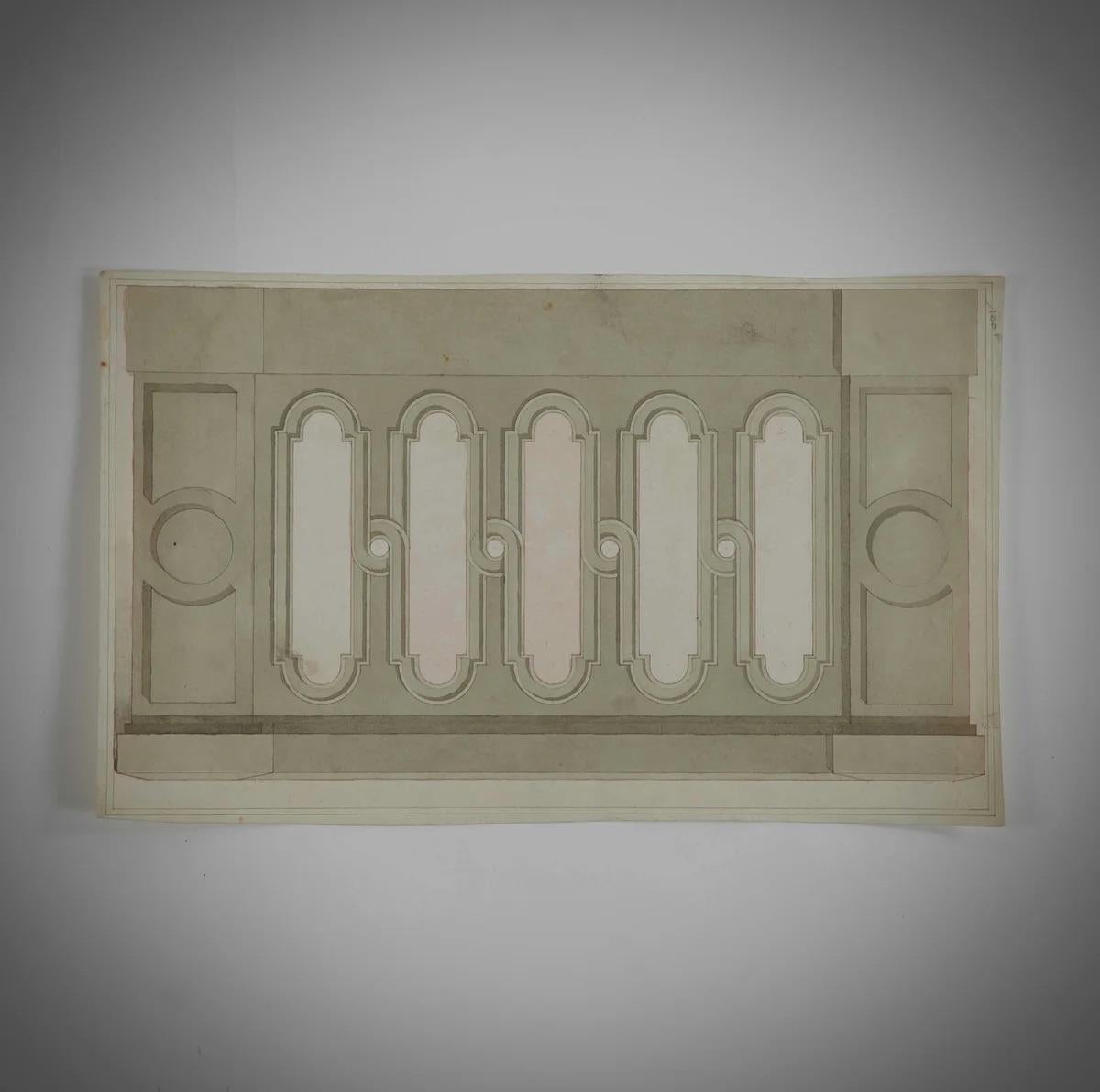 Questo studio architettonico francese dell'inizio del XX secolo, potenzialmente destinato a un mobile, a una porta o a un pannello da parete, mette in mostra una meticolosa lavorazione artigianale e una raffinata etica del design. La tavolozza di
