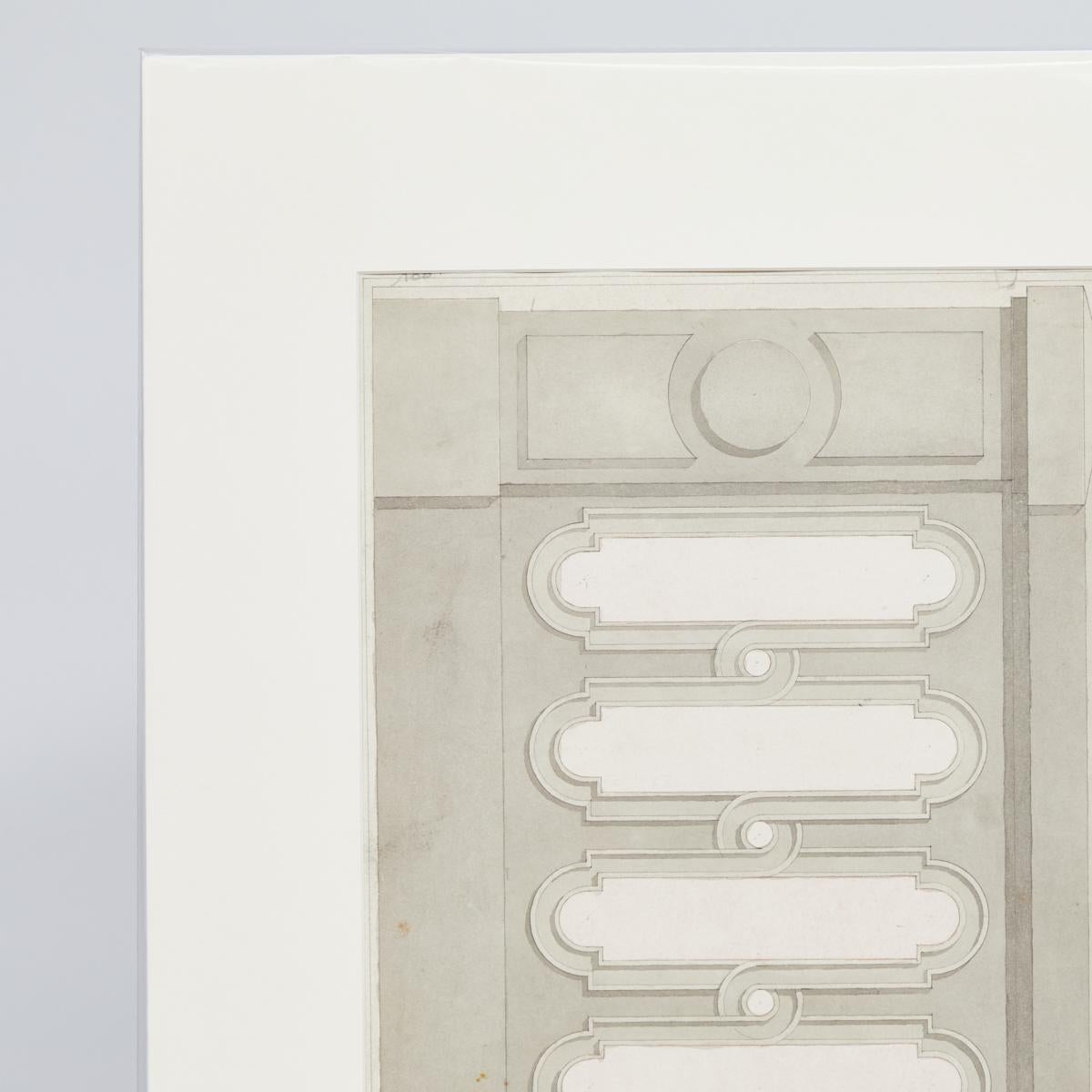 Early 20th-century French color lithograph. The image is an architectural study for the decorative program of a cabinet, door, or wall panel. With its muted color palette and exceptional attention to detail, the piece has a light and airy quality.
