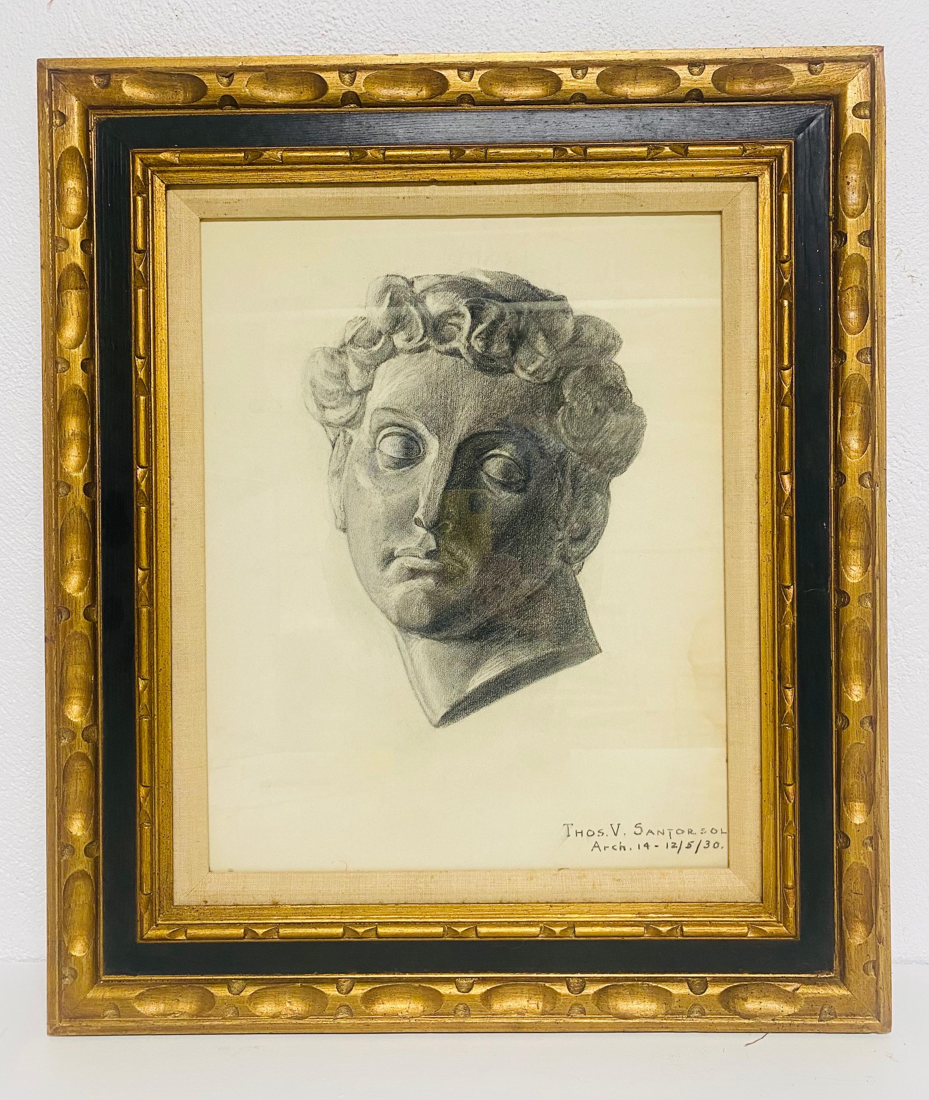 Dipinto a mano Carboncino su carta dei primi del Novecento, studio di un busto in vendita