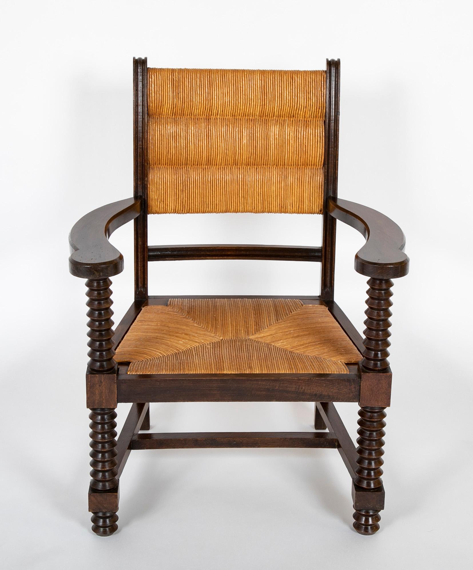 French Early 20th Century Charles Dudouyt Armchair with Straw Seat and Back