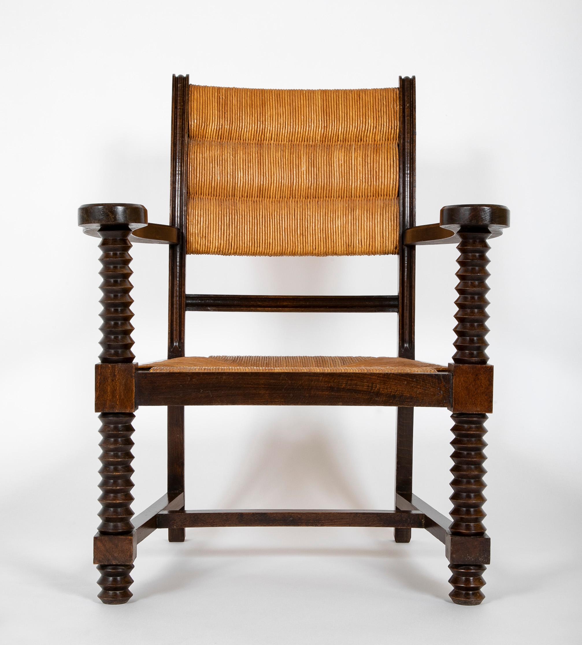 Early 20th Century Charles Dudouyt Armchair with Straw Seat and Back In Good Condition In Stamford, CT