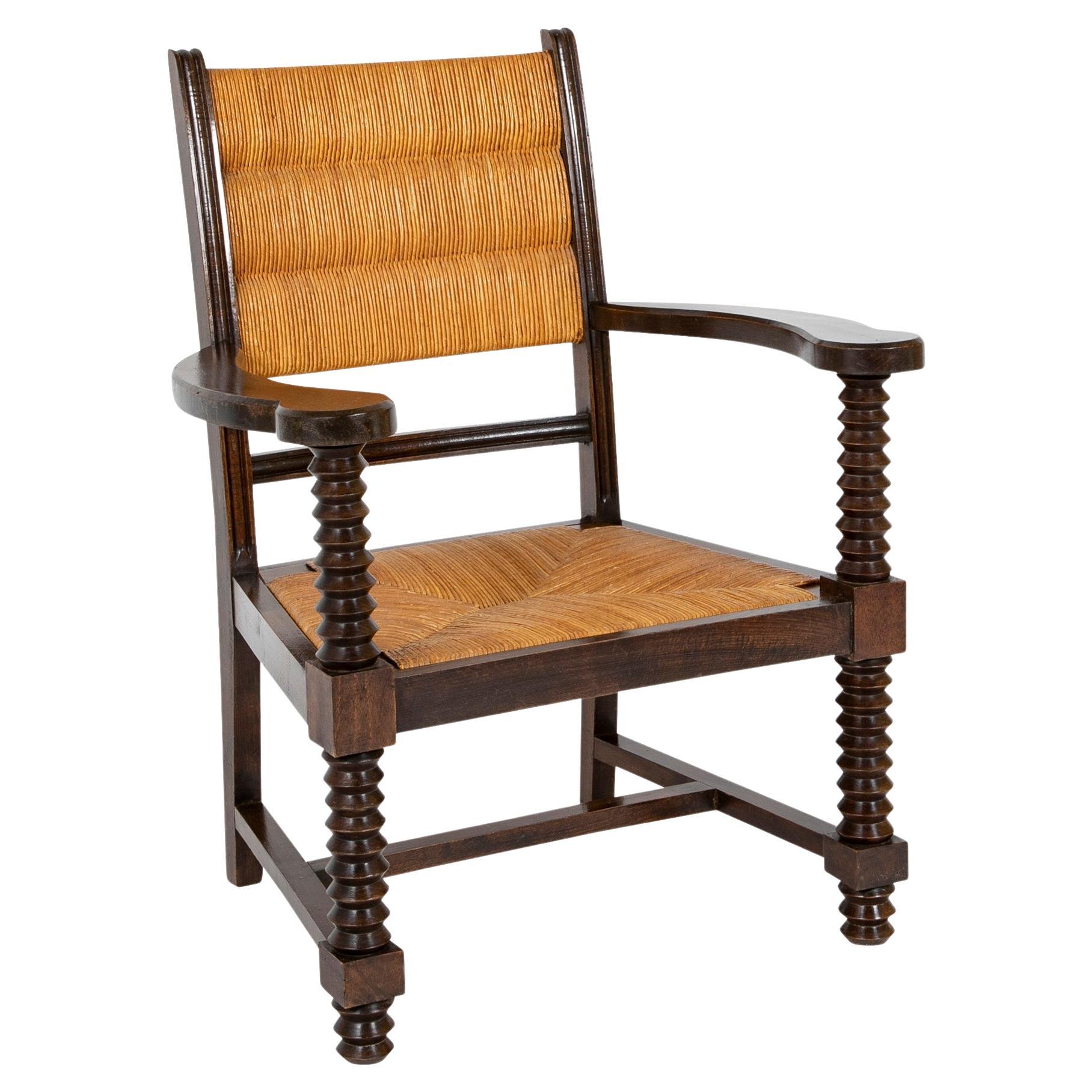 Early 20th Century Charles Dudouyt Armchair with Straw Seat and Back