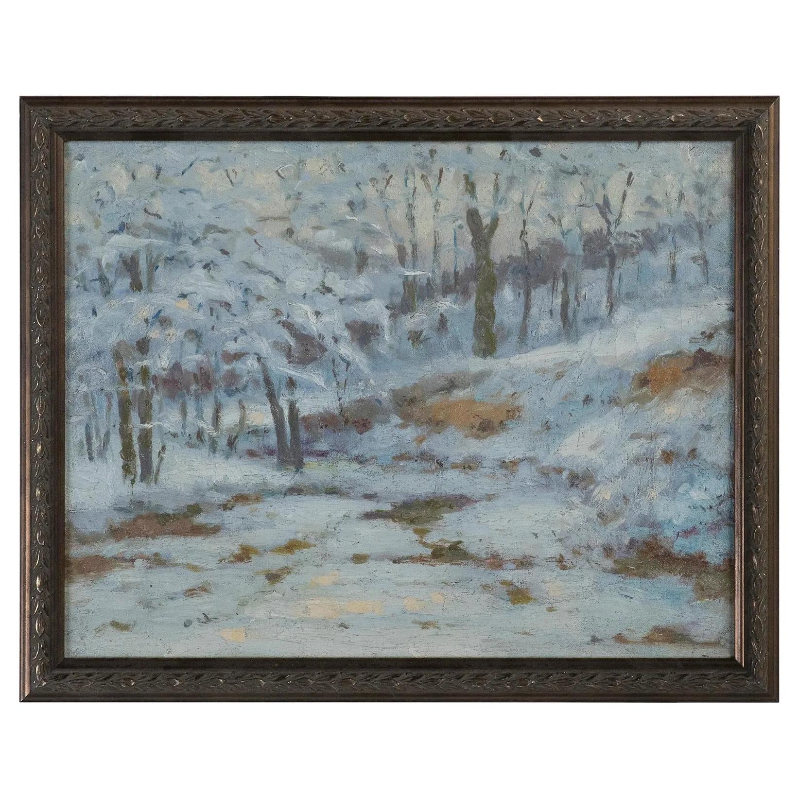 Peinture impressionniste de paysage d'hiver de Charles Meurer, début du 20e siècle