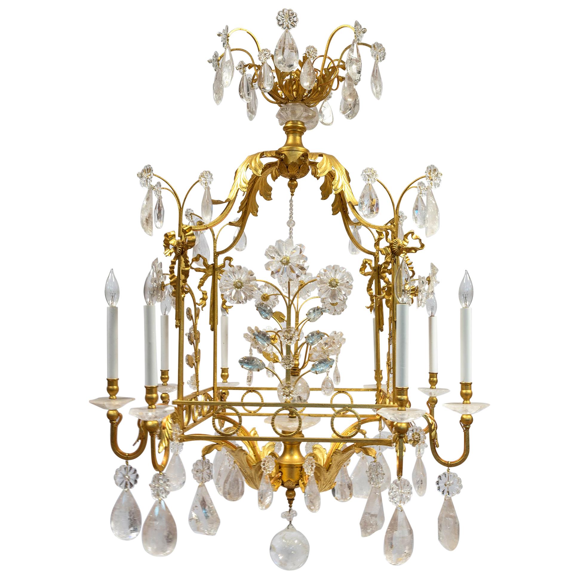 Early 20th Century Charming Rock Crystal Cage-Formed Chandelier