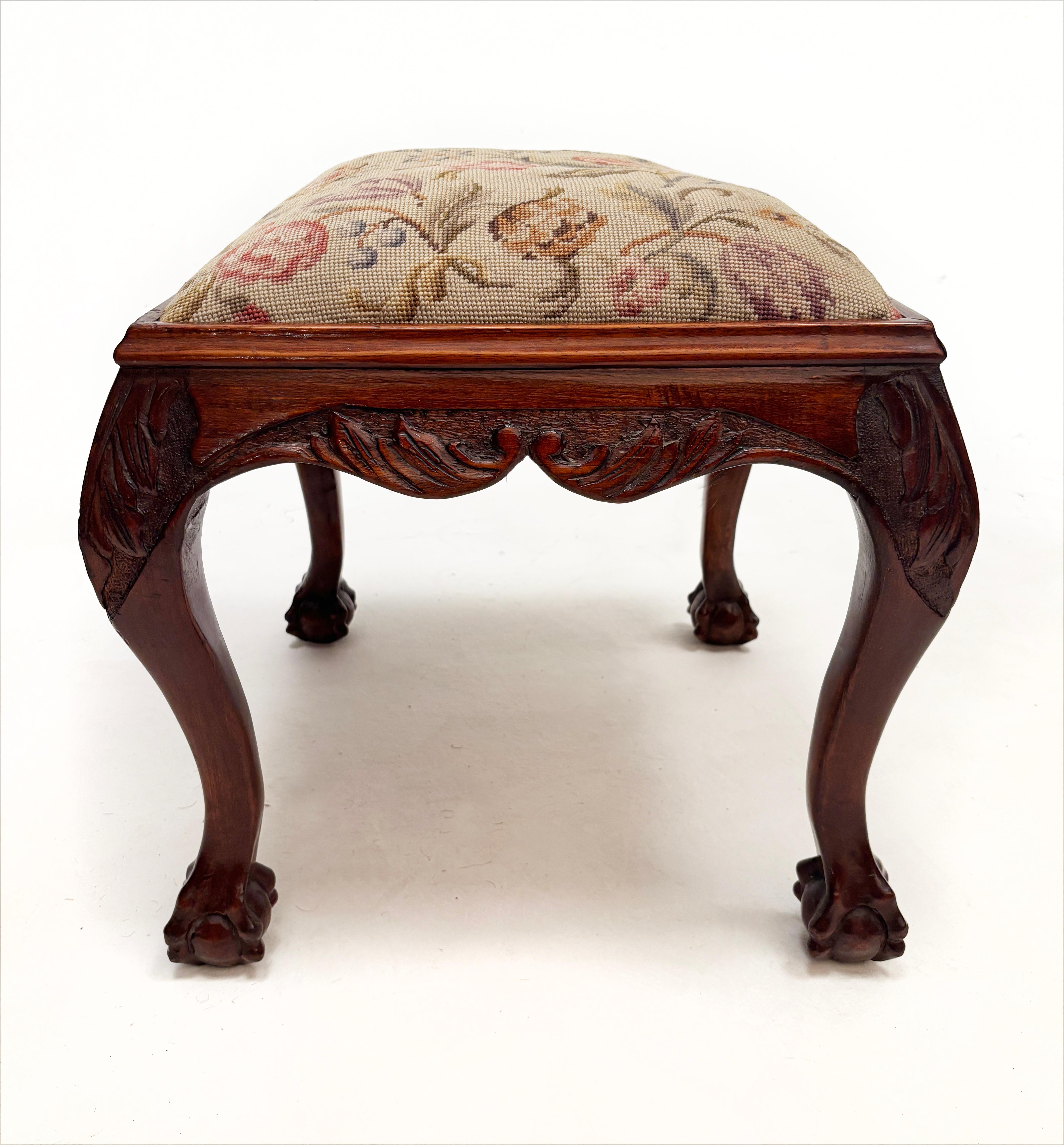 Early 20th Century Cherry Chippendale Style Needlepoint Footstool For Sale 7
