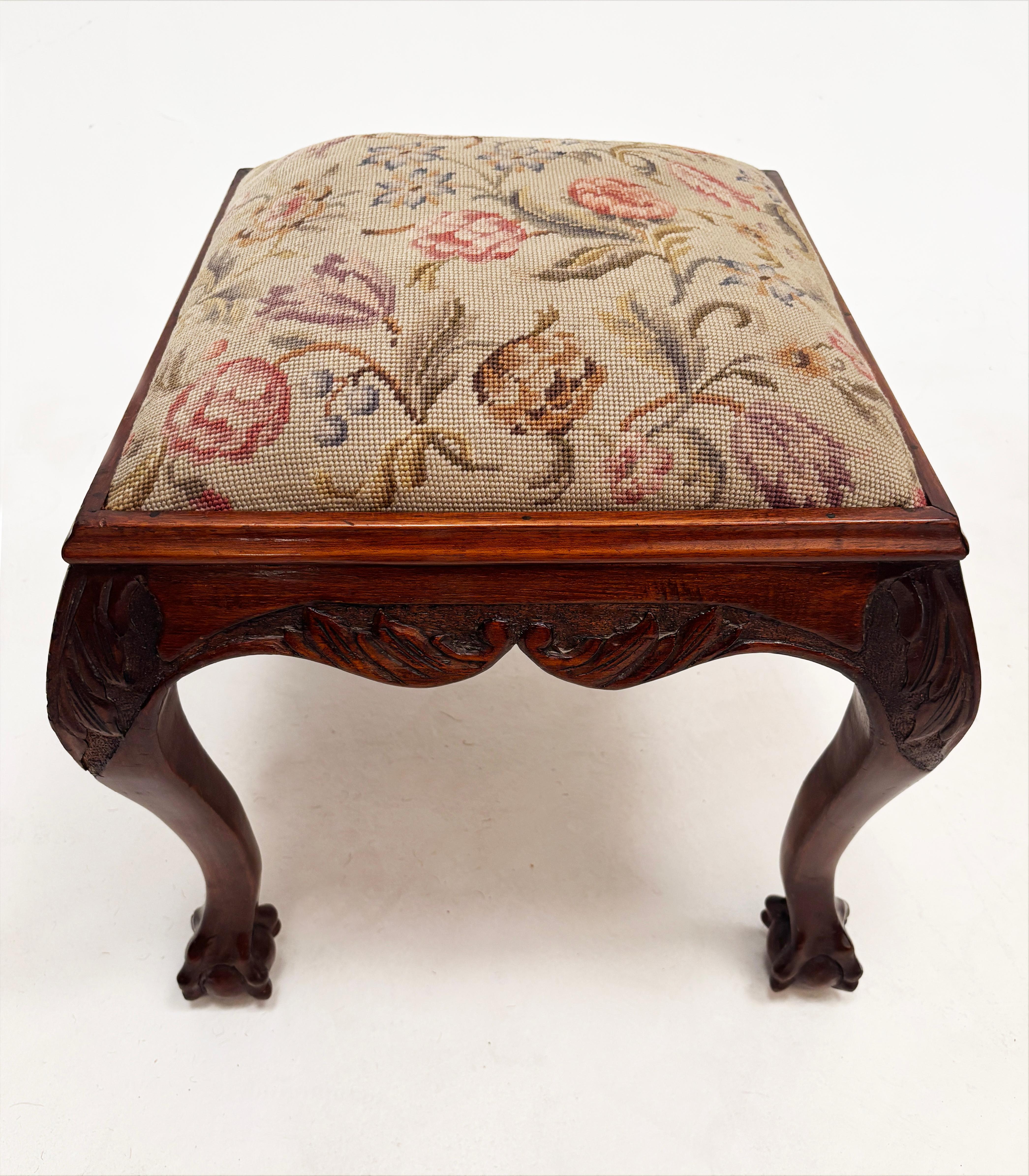 Early 20th Century Cherry Chippendale Style Needlepoint Footstool For Sale 8