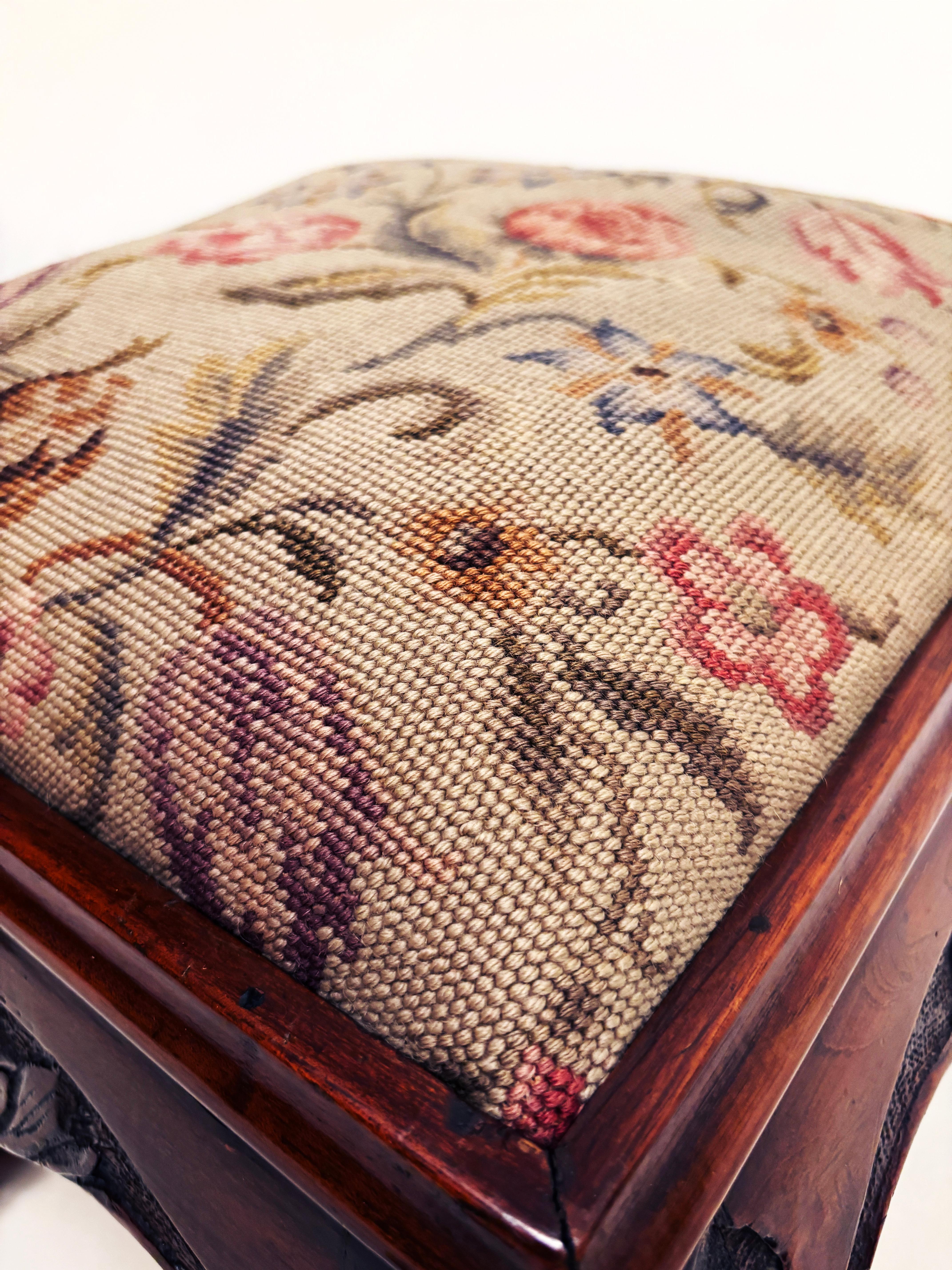 Early 20th Century Cherry Chippendale Style Needlepoint Footstool For Sale 9
