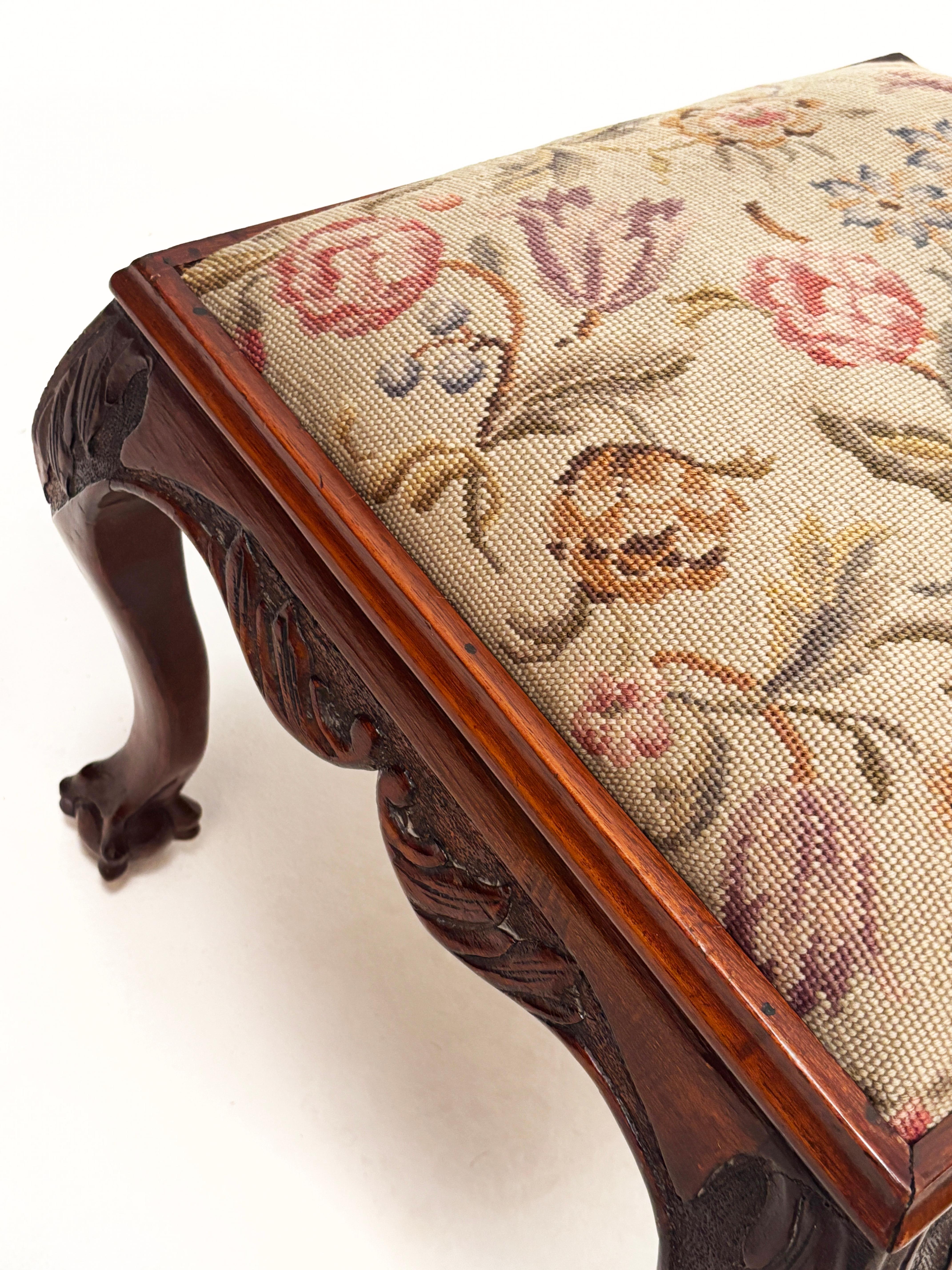 American Early 20th Century Cherry Chippendale Style Needlepoint Footstool For Sale