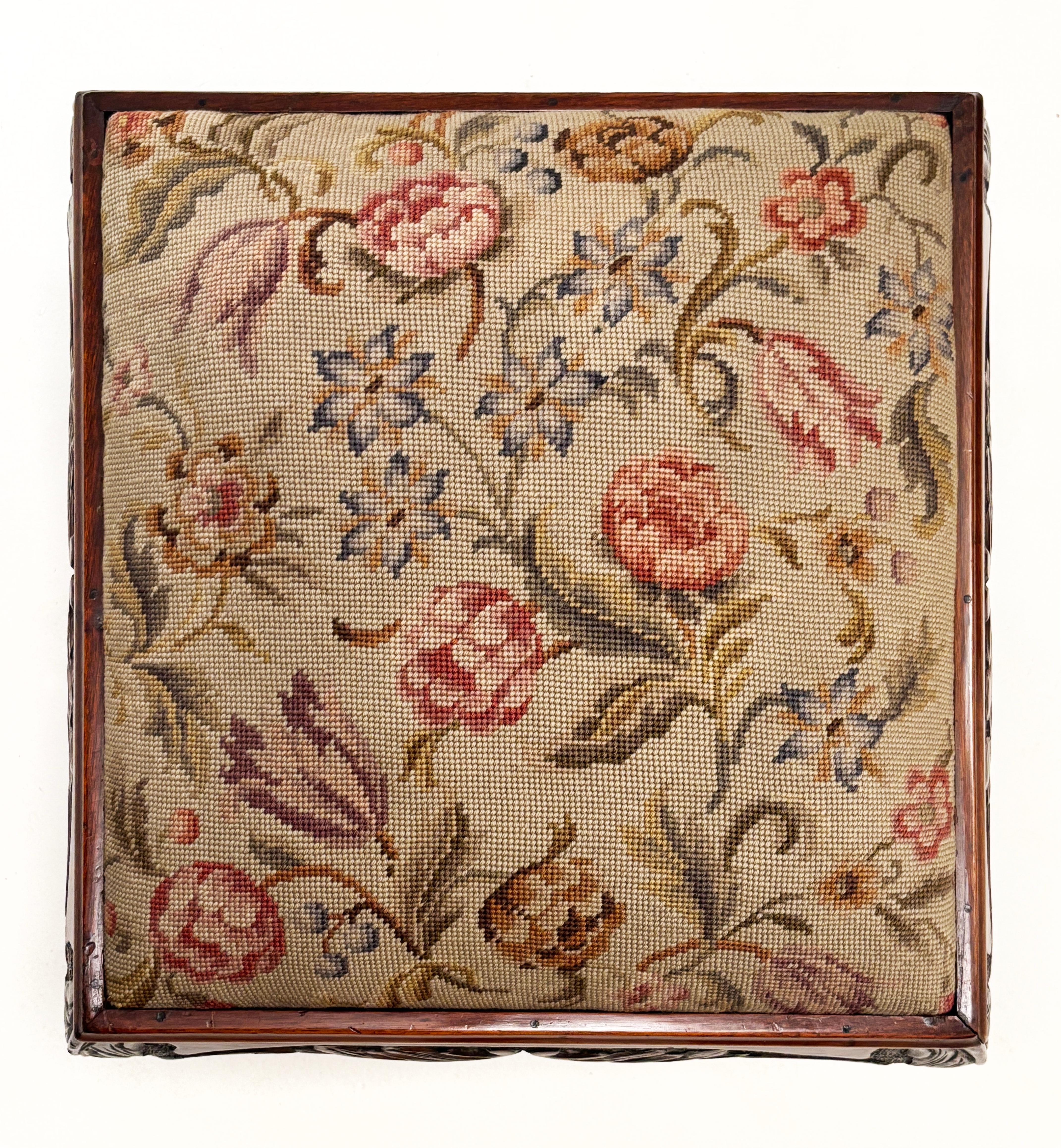 Hand-Carved Early 20th Century Cherry Chippendale Style Needlepoint Footstool For Sale