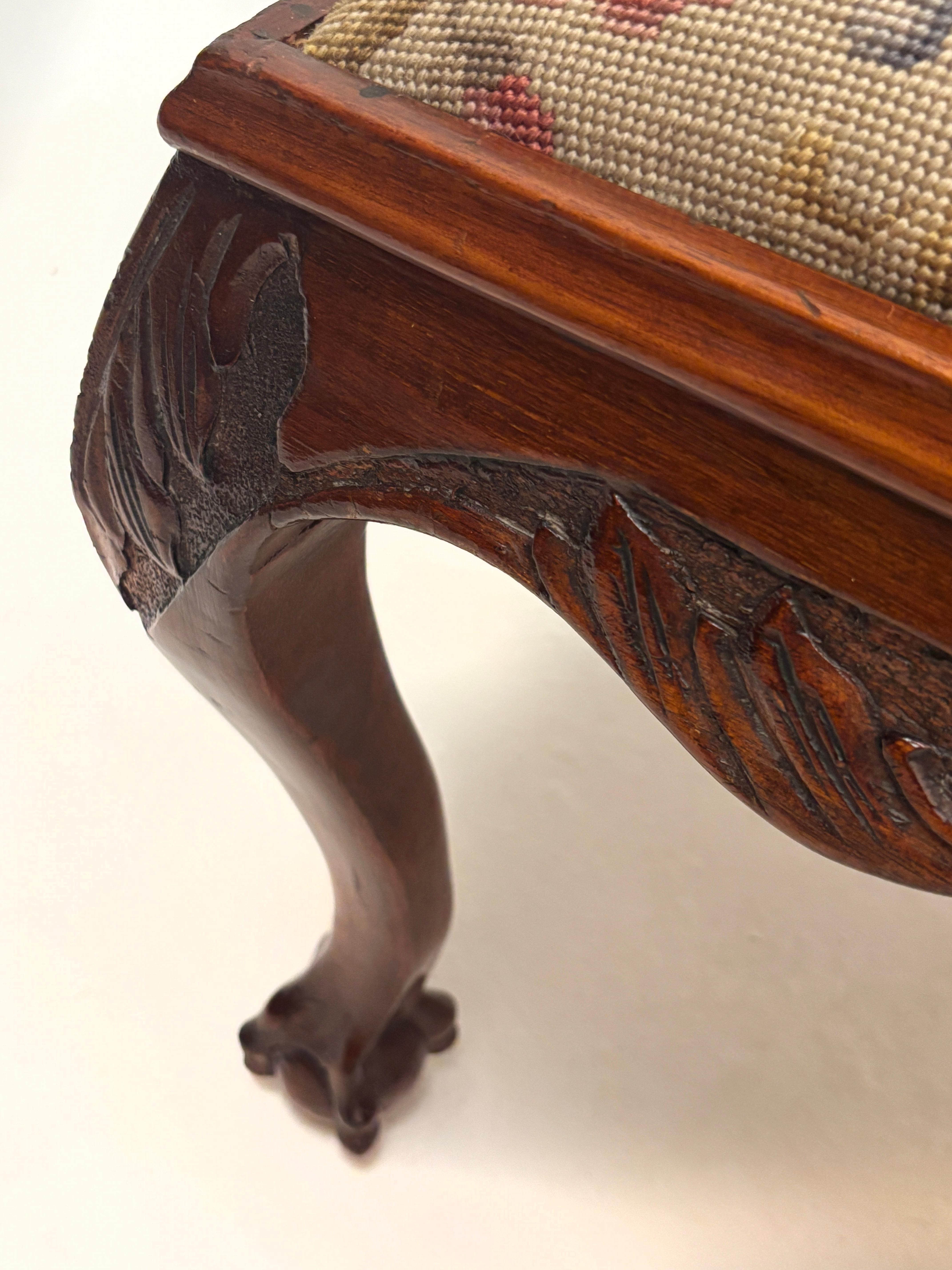 Textile Early 20th Century Cherry Chippendale Style Needlepoint Footstool For Sale