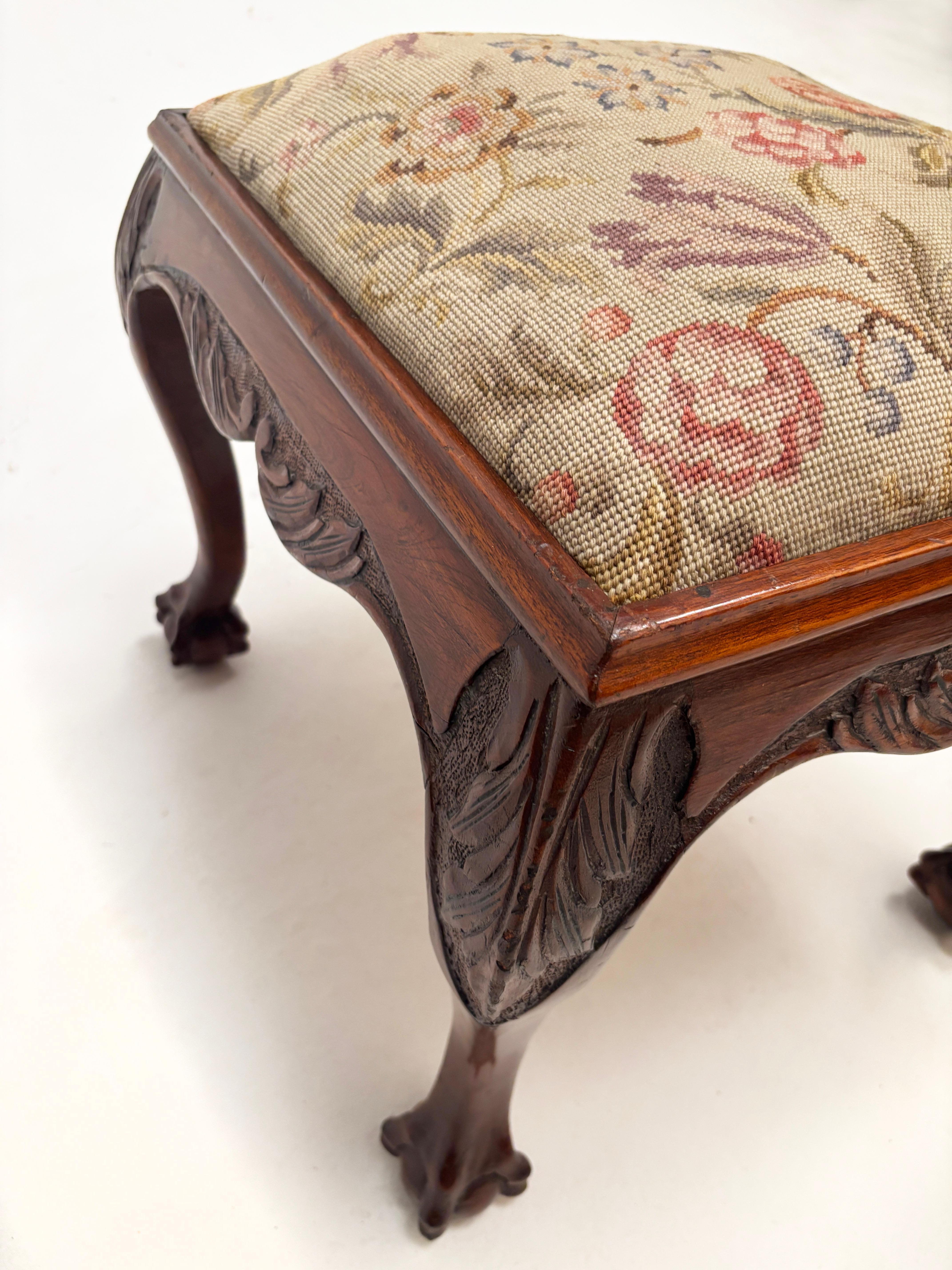 Early 20th Century Cherry Chippendale Style Needlepoint Footstool For Sale 1