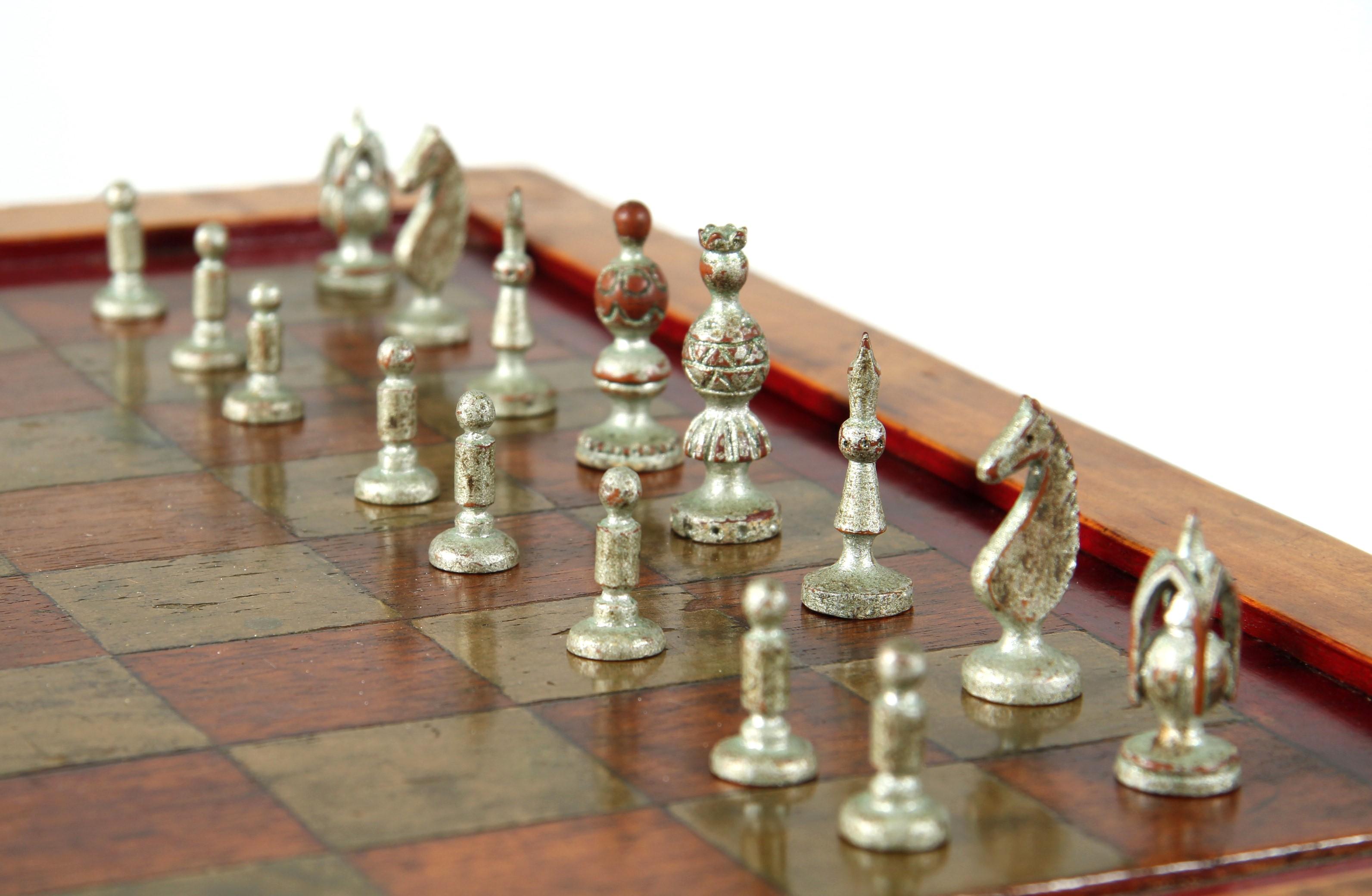 Birch Early 20th Century Chess Table with Original Chess Pieces, Art Deco, 1920s