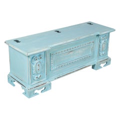 Early 20th Century Chest Trunk, Hand Carved Wood, Italy, Emerald Green Lacquered