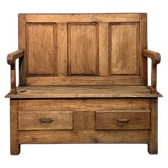 Early 20th-Century Chestnut Wood Bench with Backrest and Drawers