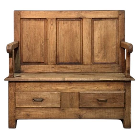 Early 20th-Century Chestnut Wood Bench with Backrest and Drawers
