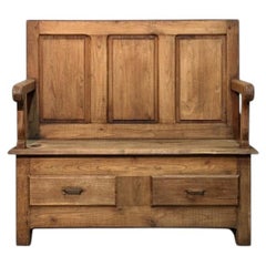 Early 20th-Century Chestnut Wood Bench with Backrest and Drawers