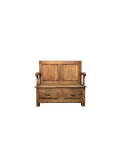 Banc en bois de châtaignier du début du XXe siècle, avec dossier et tiroirs de rangement