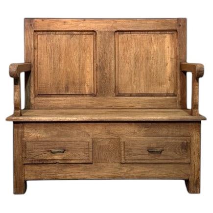 Early 20th-Century Chestnut Wood Bench with Backrest and Storage Drawers