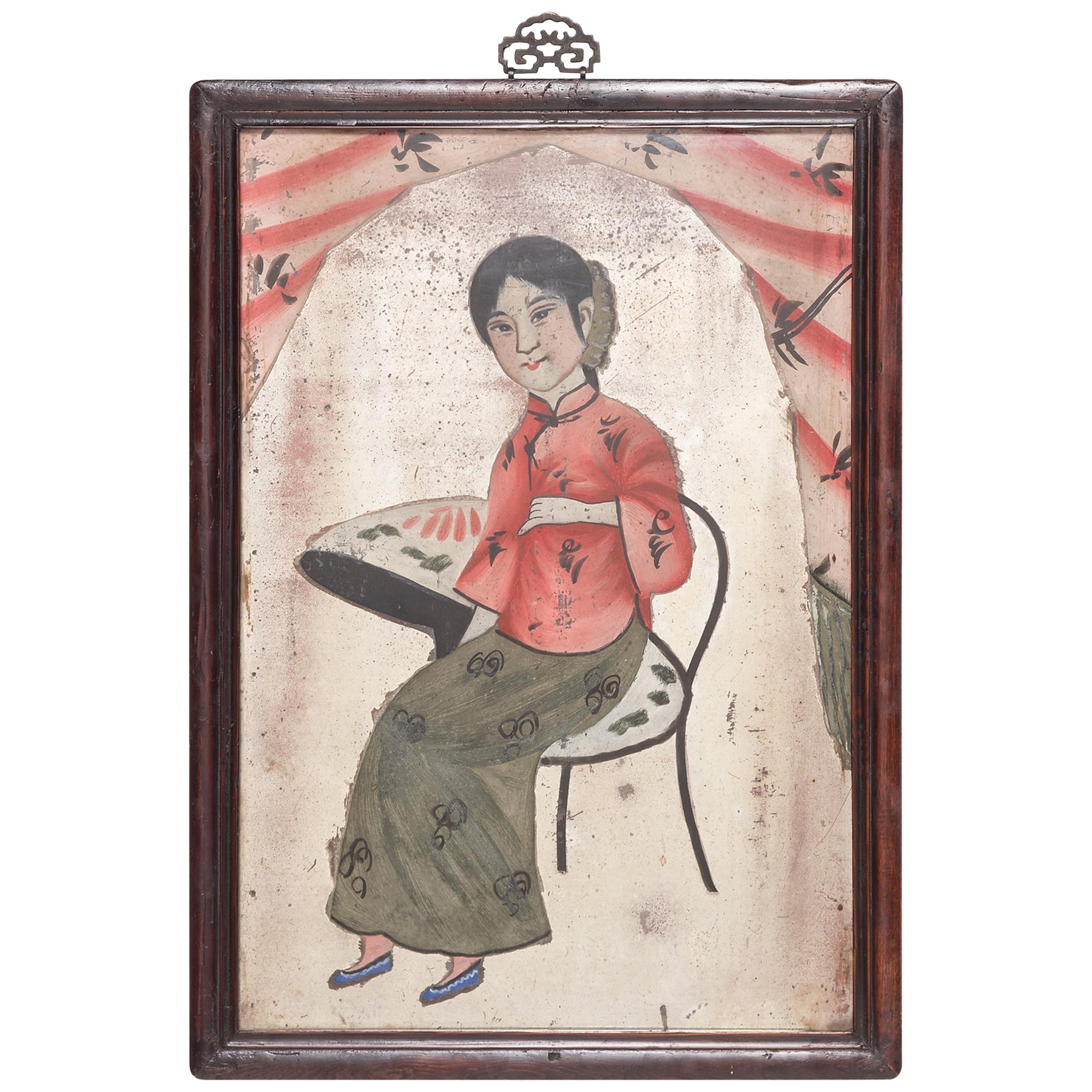 Early 20th Century Chines Reverse Glass Portrait Painting