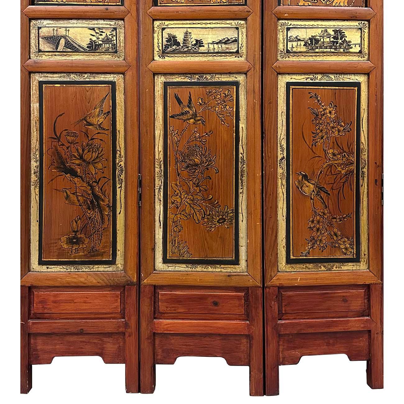 Wood Early 20th Century Chinese 7 Panels Folding Screen, Room Divider For Sale