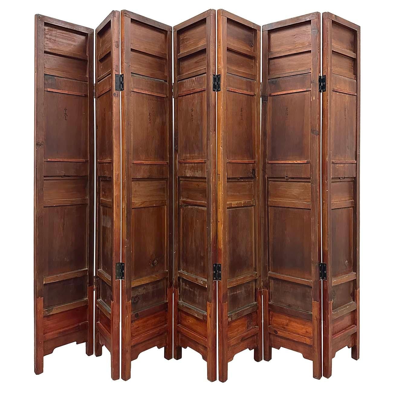 Early 20th Century Chinese 7 Panels Folding Screen, Room Divider For Sale 3