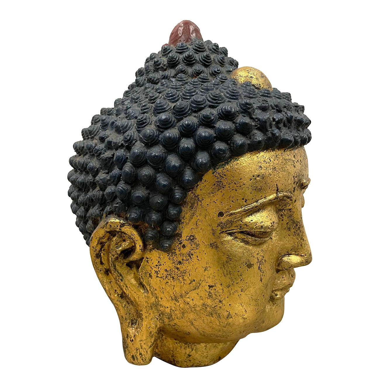 Chinese Export Early 20th Century Chinese Antique Gilt Metal Buddha Head For Sale