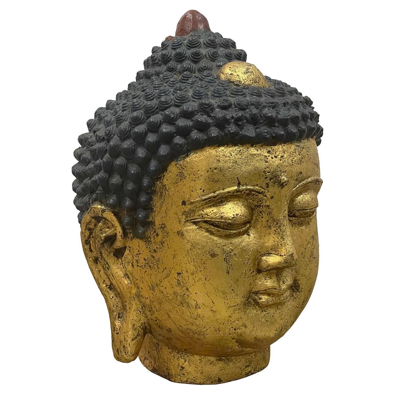 Early 20th Century Chinese Antique Gilt Metal Buddha Head For Sale