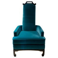 Early 20th Century Chinese Armchair Black Lacquer and Turquoise Velvet