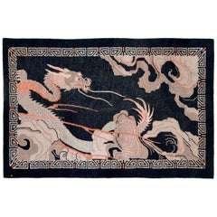 Early 20th Century Chinese Art Deco Dragon Scatter Rug in Black and Mauve