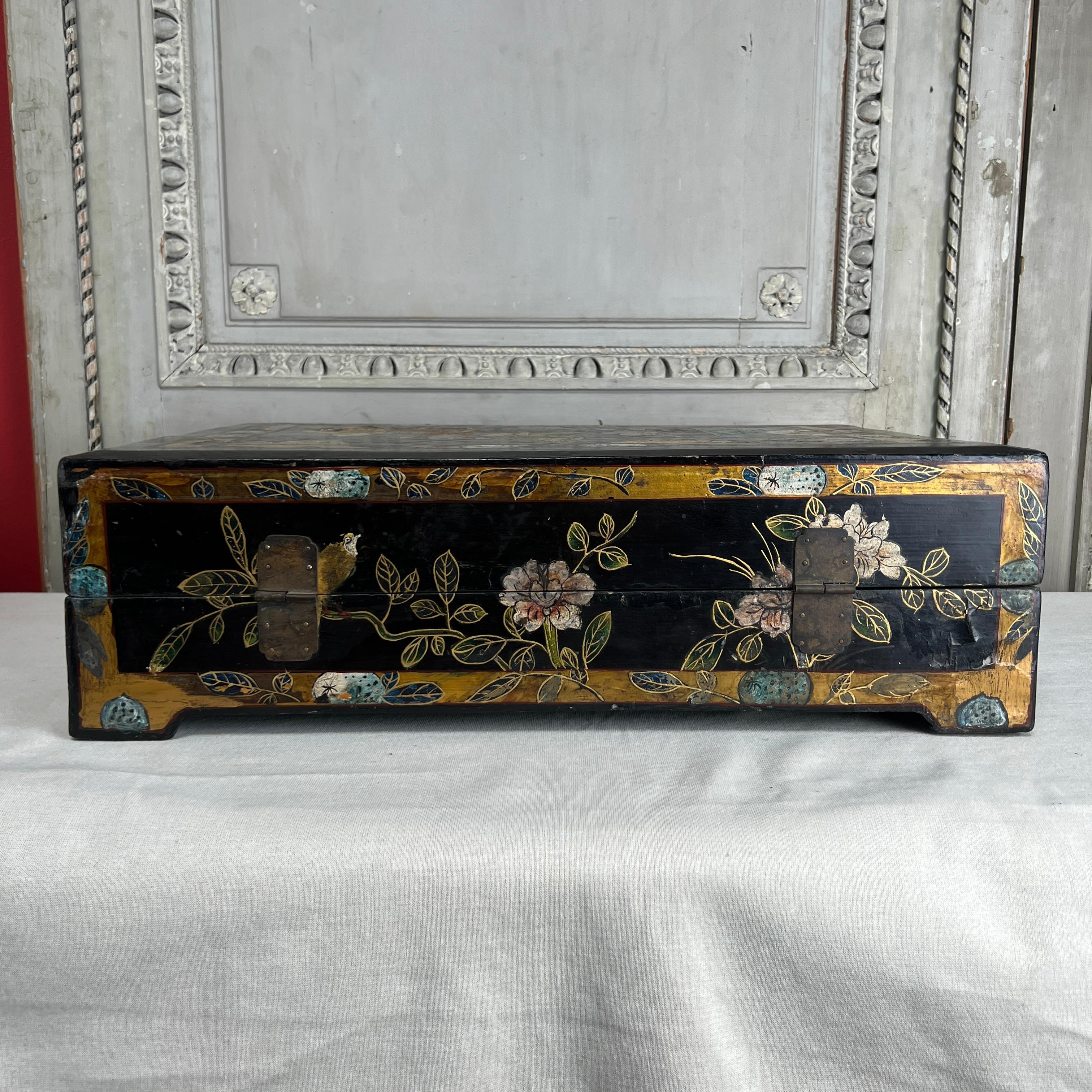 Wood Early 20th Century Chinese Black and Gold Lacquered Box