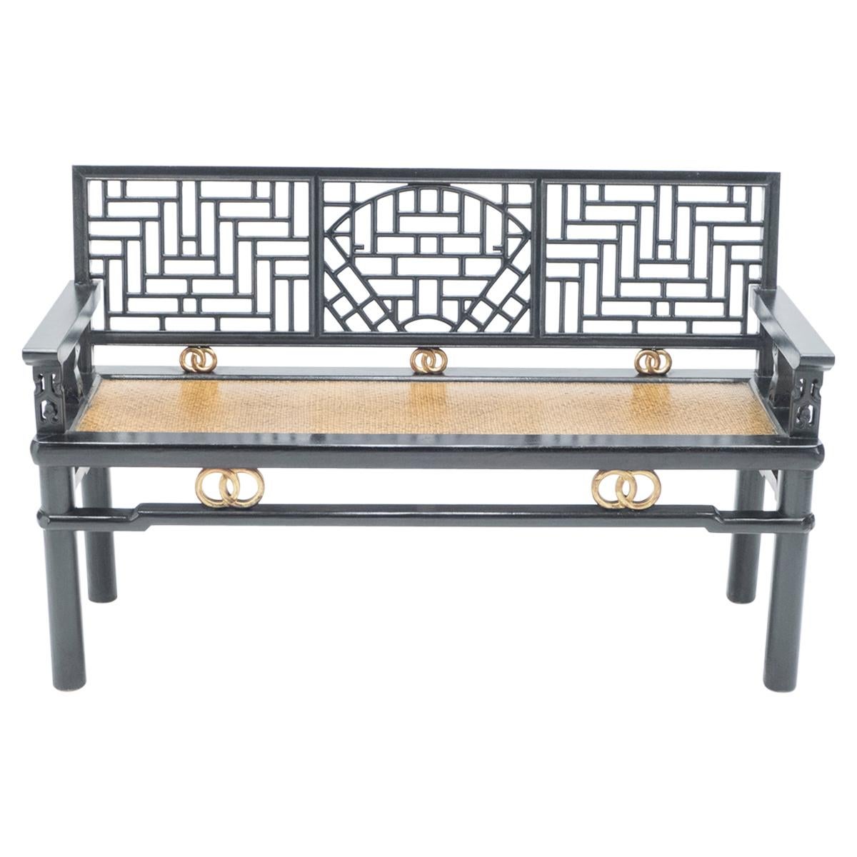Early 20th Century Chinese Black Lacquered Bench Woven Seat