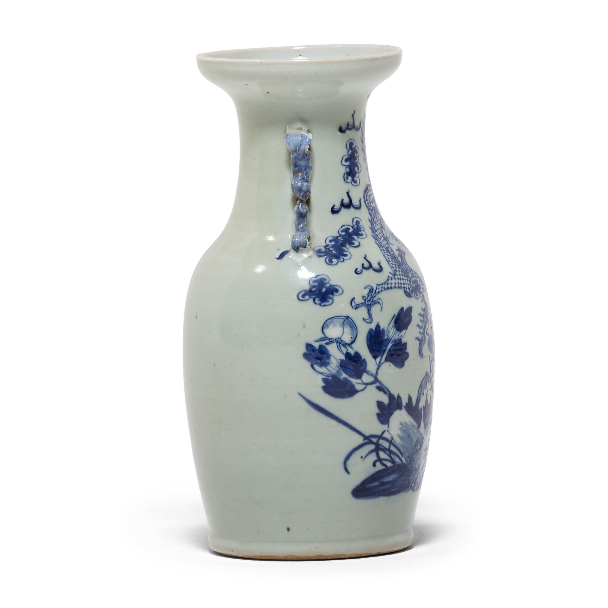 Qing Chinese Blue and White Dragon and Phoenix Fantail Vase, c. 1850