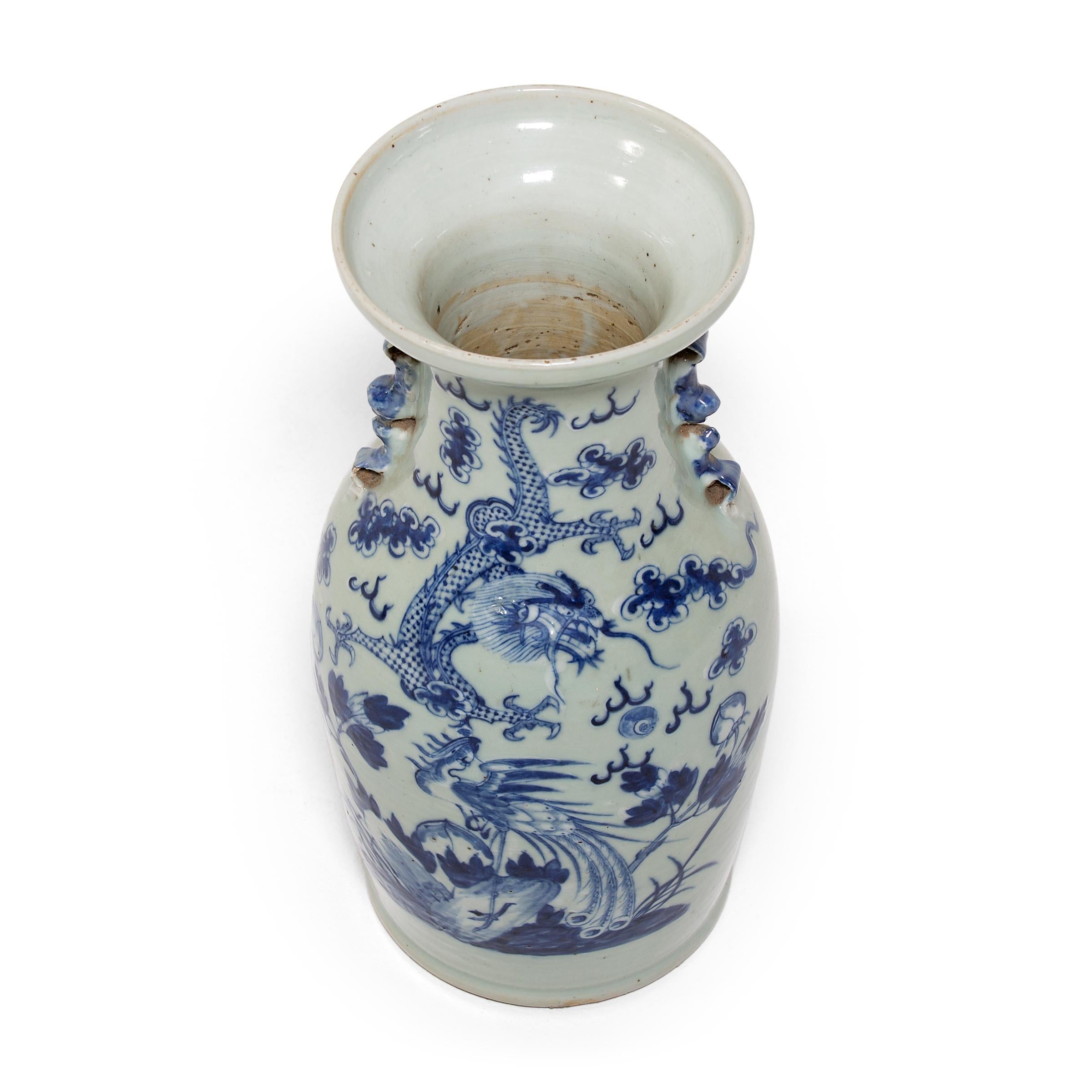Glazed Chinese Blue and White Dragon and Phoenix Fantail Vase, c. 1850