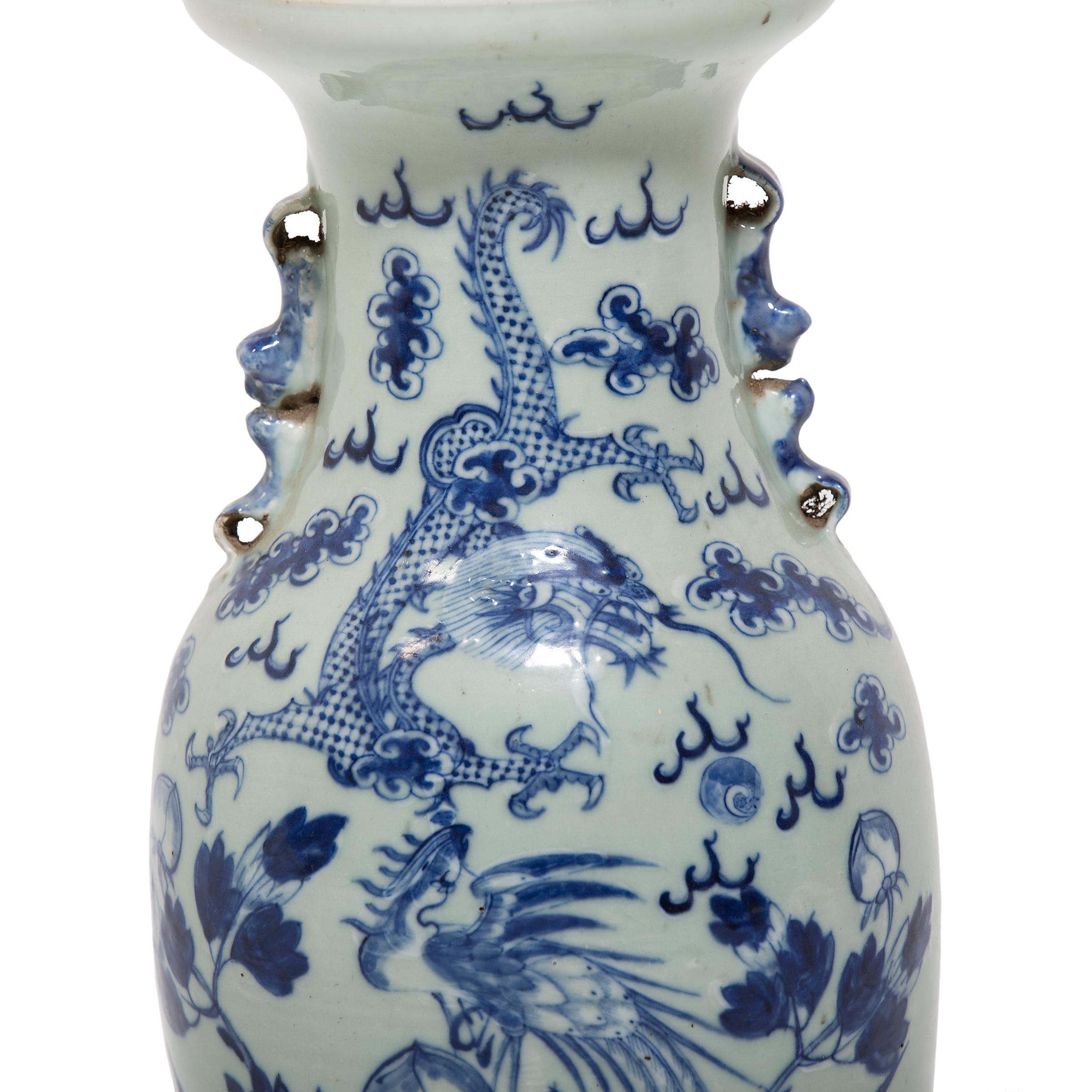 Chinese Blue and White Dragon and Phoenix Fantail Vase, c. 1850 In Good Condition In Chicago, IL