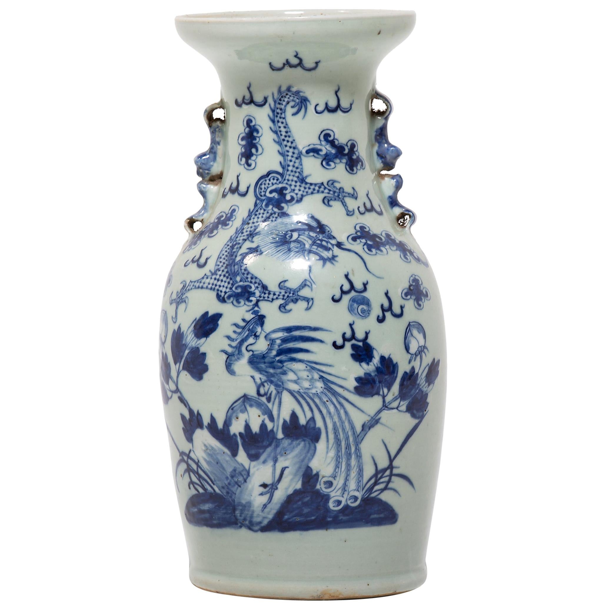 Chinese Blue and White Dragon and Phoenix Fantail Vase, c. 1850