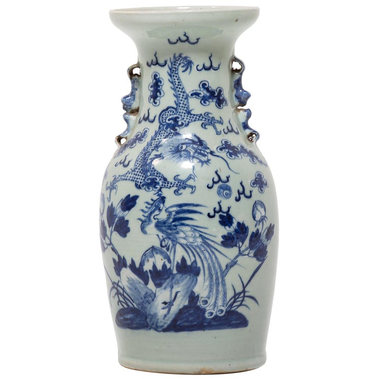 Early 20th Century Chinese Blue and White Dragon and Phoenix Fantail