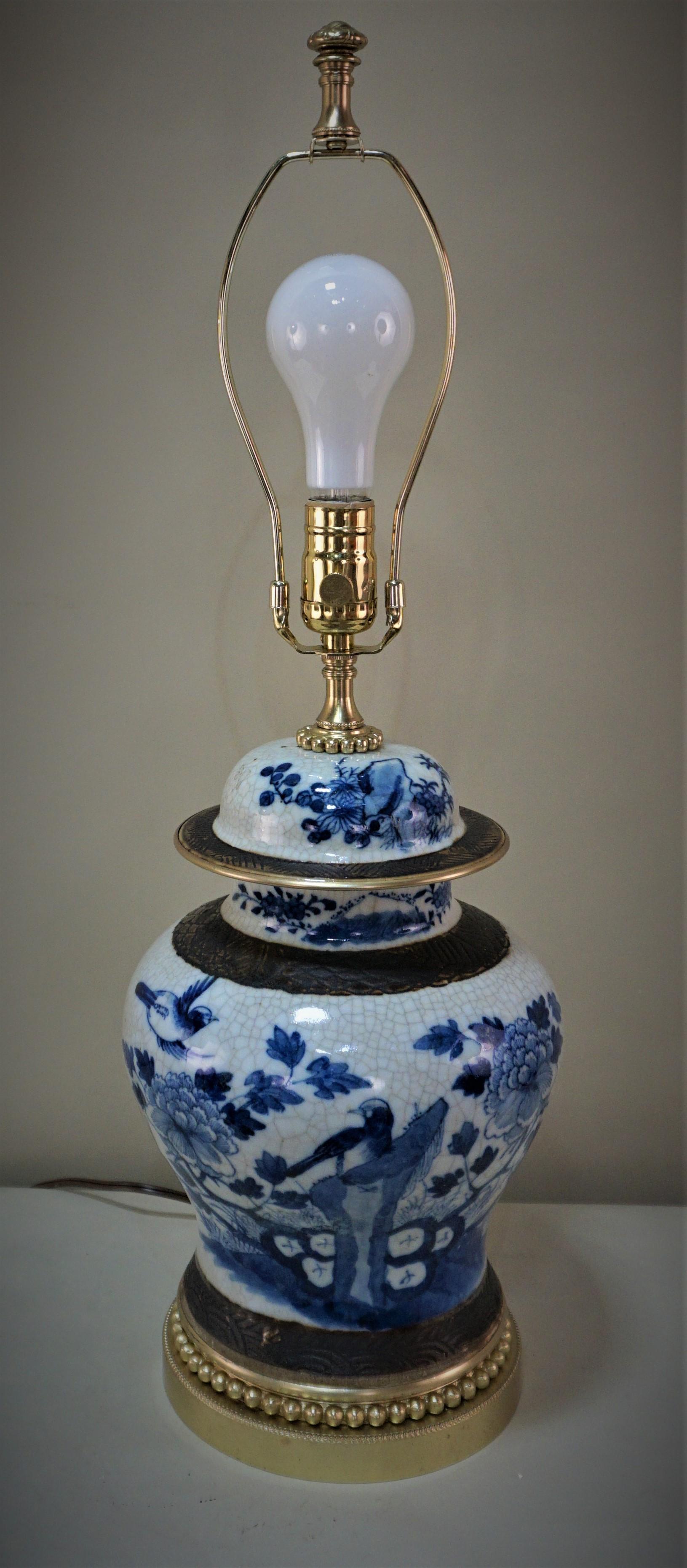 Bronze Early 20th Century Chinese Blue and White Porcelain Table Lamp