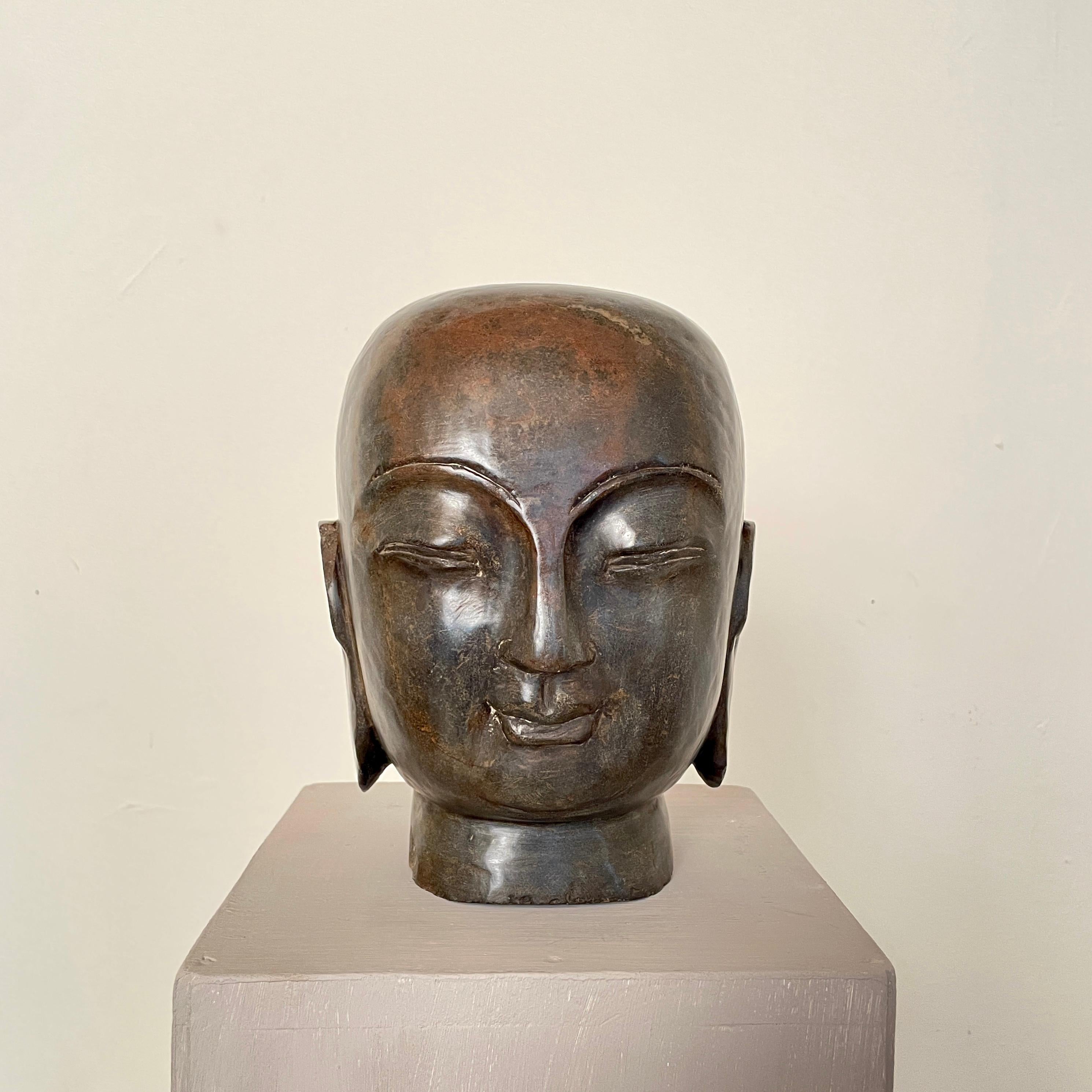 Early 20th Century Chinese Buddha Carved Stone Head, around 1920 In Good Condition In Berlin, DE