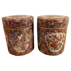 Antique Early 20th century Chinese Canton Porcelain Pair of Tobacco Boxe, 1900s