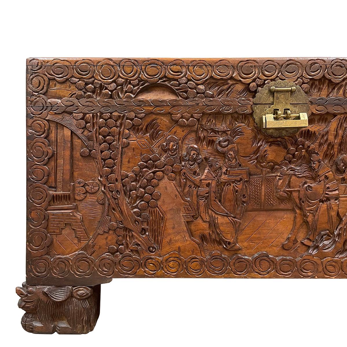 This is a traditional style of Chinese antique massive carved Camphor chest/trunk from China. Very well constructed with a lot of brass angle inside chest to reinforce the joint. It was sailor's hope chest with all the sailor's best wishes and hopes