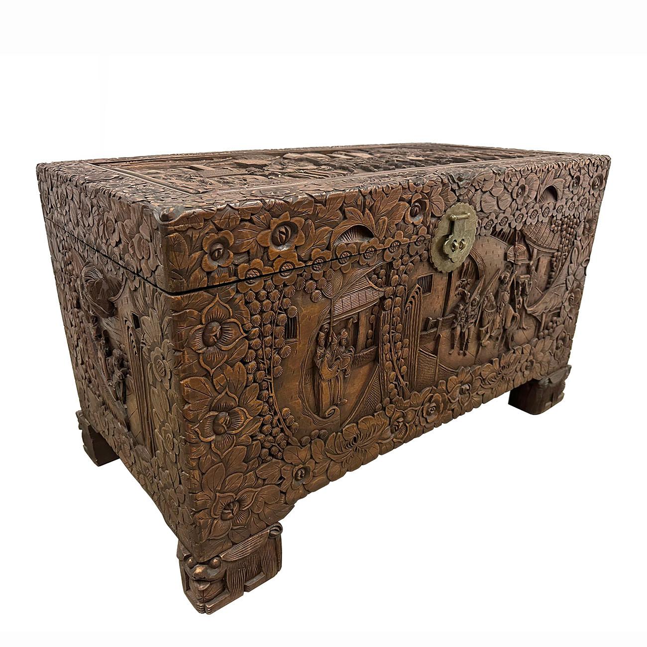 This is a traditional style of Chinese antique massive carved Camphor chest/trunk from China. Very well constructed with a lot of brass angle inside chest to reinforce the joint. It was sailor's hope chest with all the sailor's best wishes and hopes