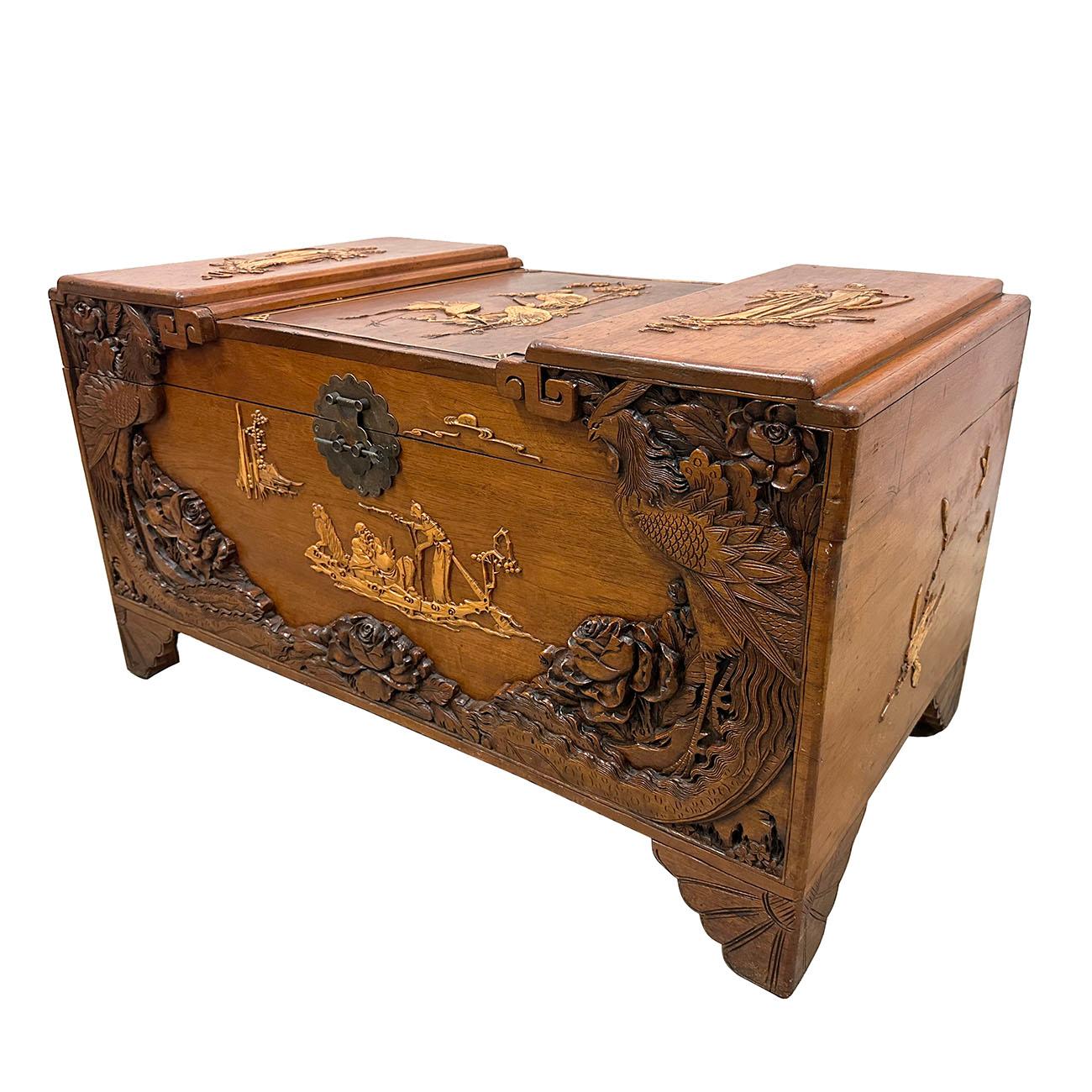 This is a traditional style of Chinese antique raise carved/relief Camphor chest/trunk from China. It was sailor's hope chest with all the sailor's best wishes and hopes in it. This chest has detailed carving works of Phoenix and Peonies on the