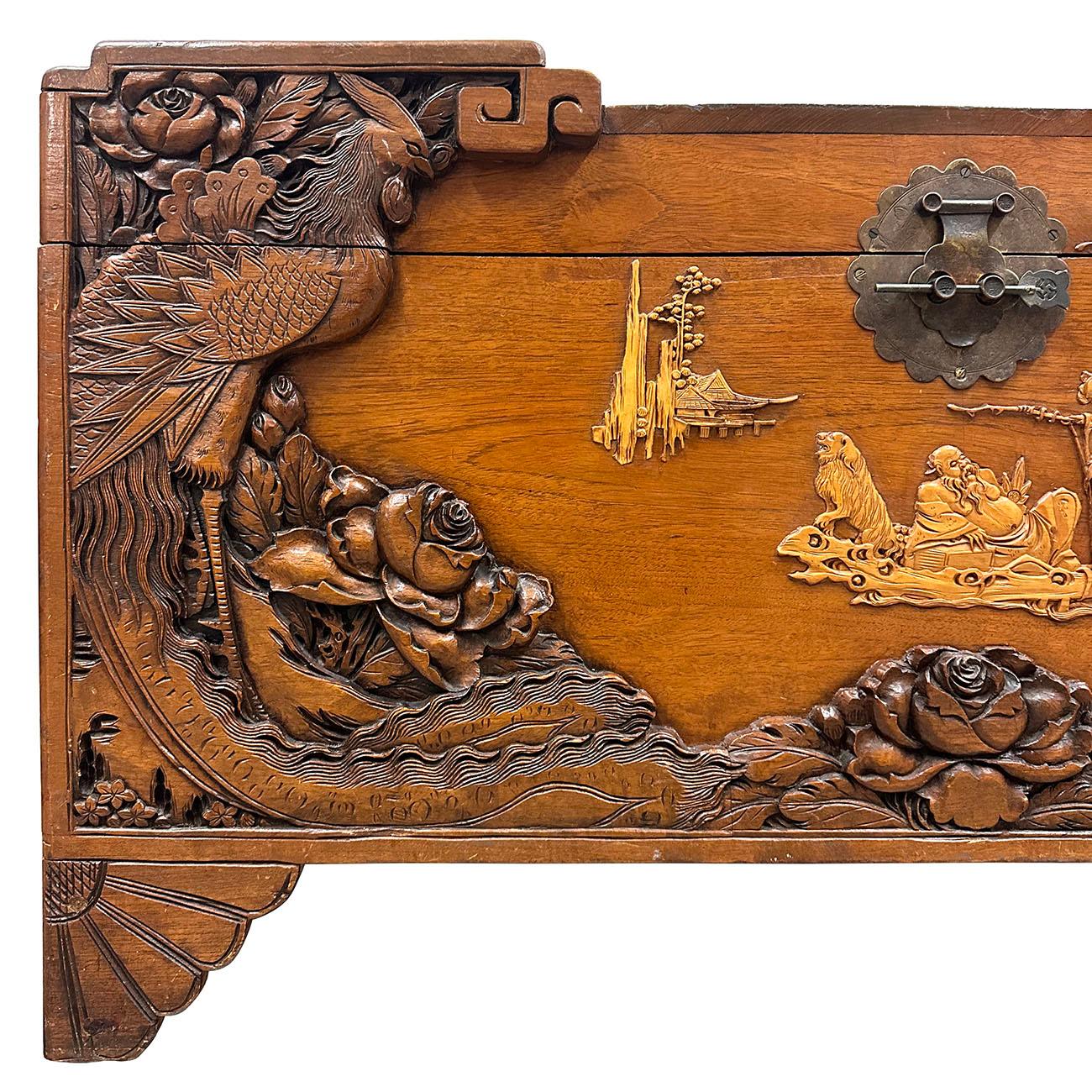 Chinese Export Early 20th Century Chinese Carved Camphor wood Hope Chest For Sale