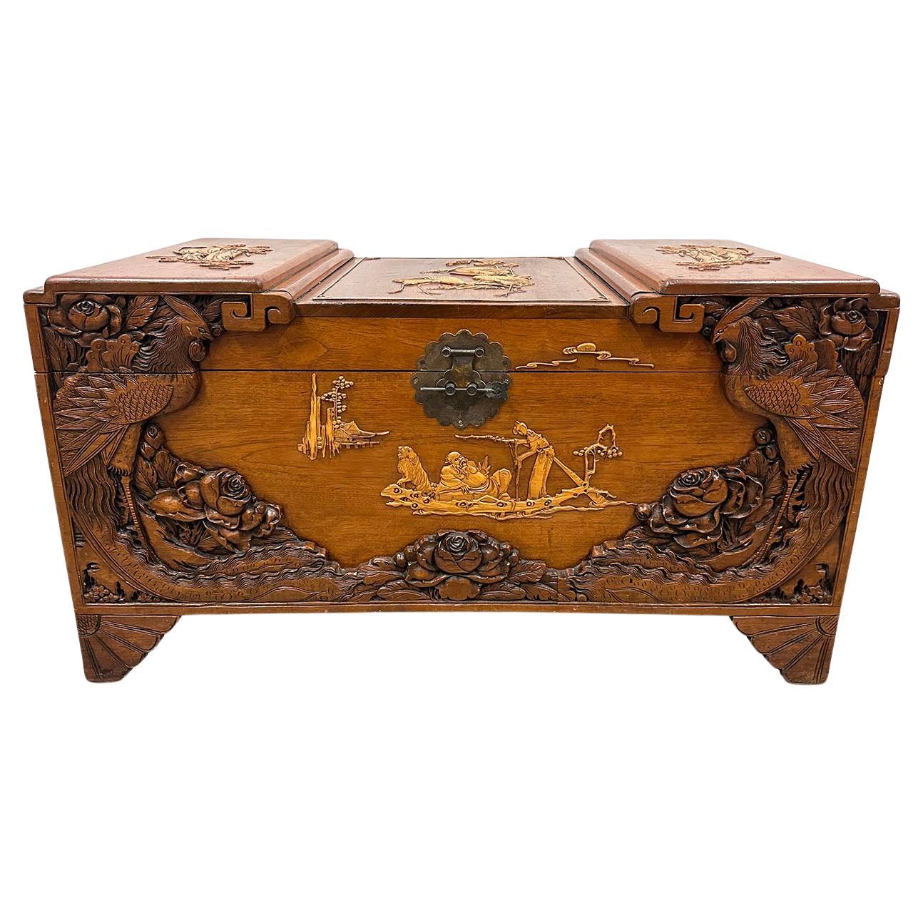 Early 20th Century Chinese Carved Camphor wood Hope Chest For Sale