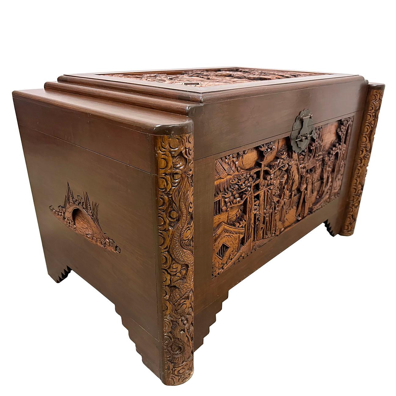 

This is a traditional style of Chinese antique massive carved Camphor chest/trunk from China. It was sailor's hope chest with all the sailor's best wishes and hopes in it. This chest has detailed carving works of Dragons on the front corner and