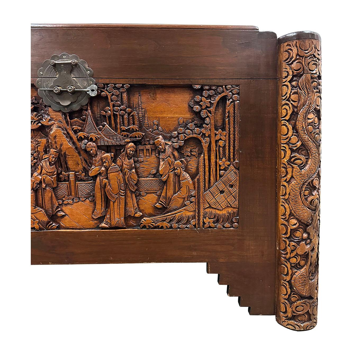 Wood Early 20th Century Chinese Carved Dragon Camphor wood Hope Chest For Sale