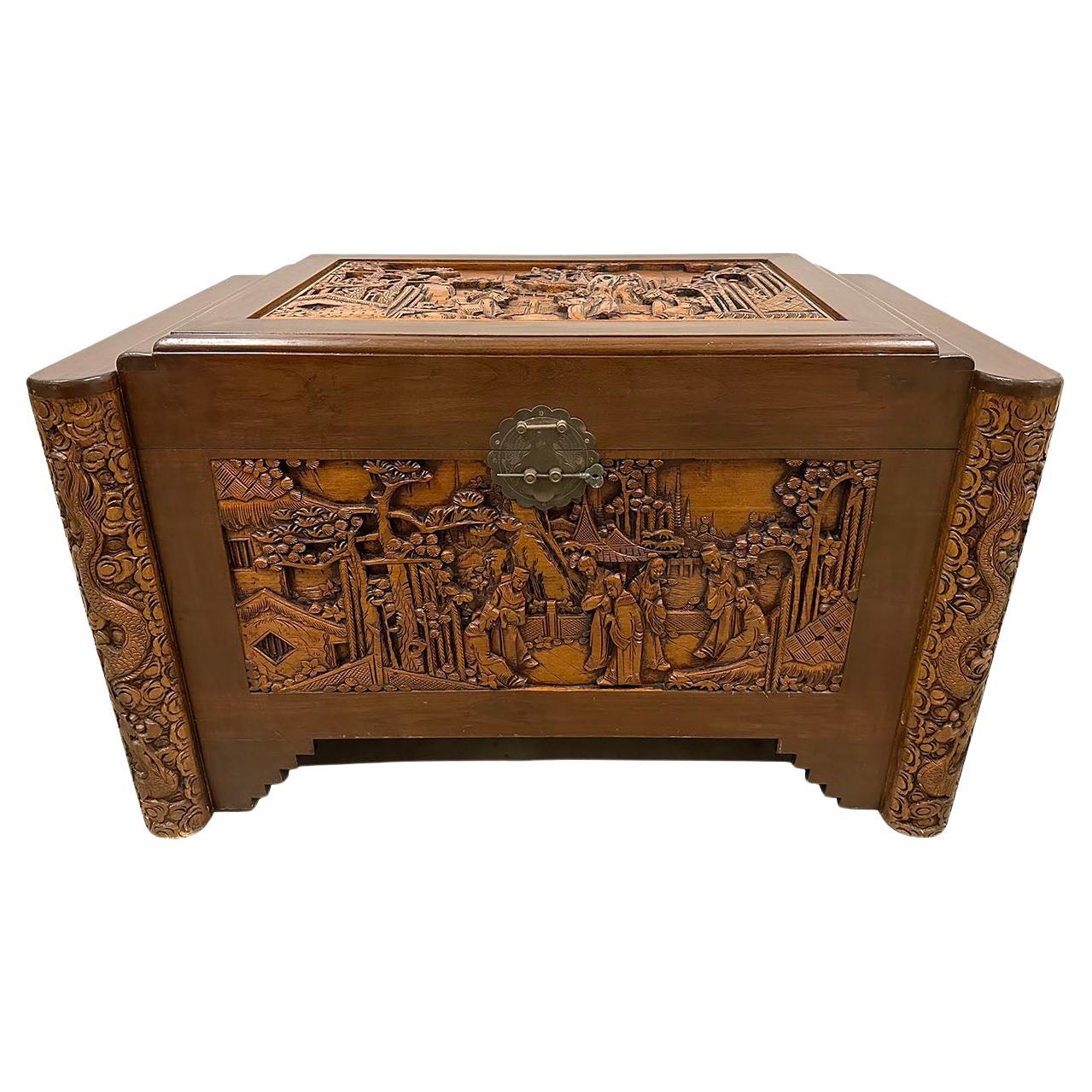 Early 20th Century Chinese Carved Dragon Camphor wood Hope Chest For Sale