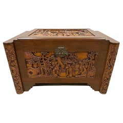 Antique Early 20th Century Chinese Carved Dragon Camphor wood Hope Chest