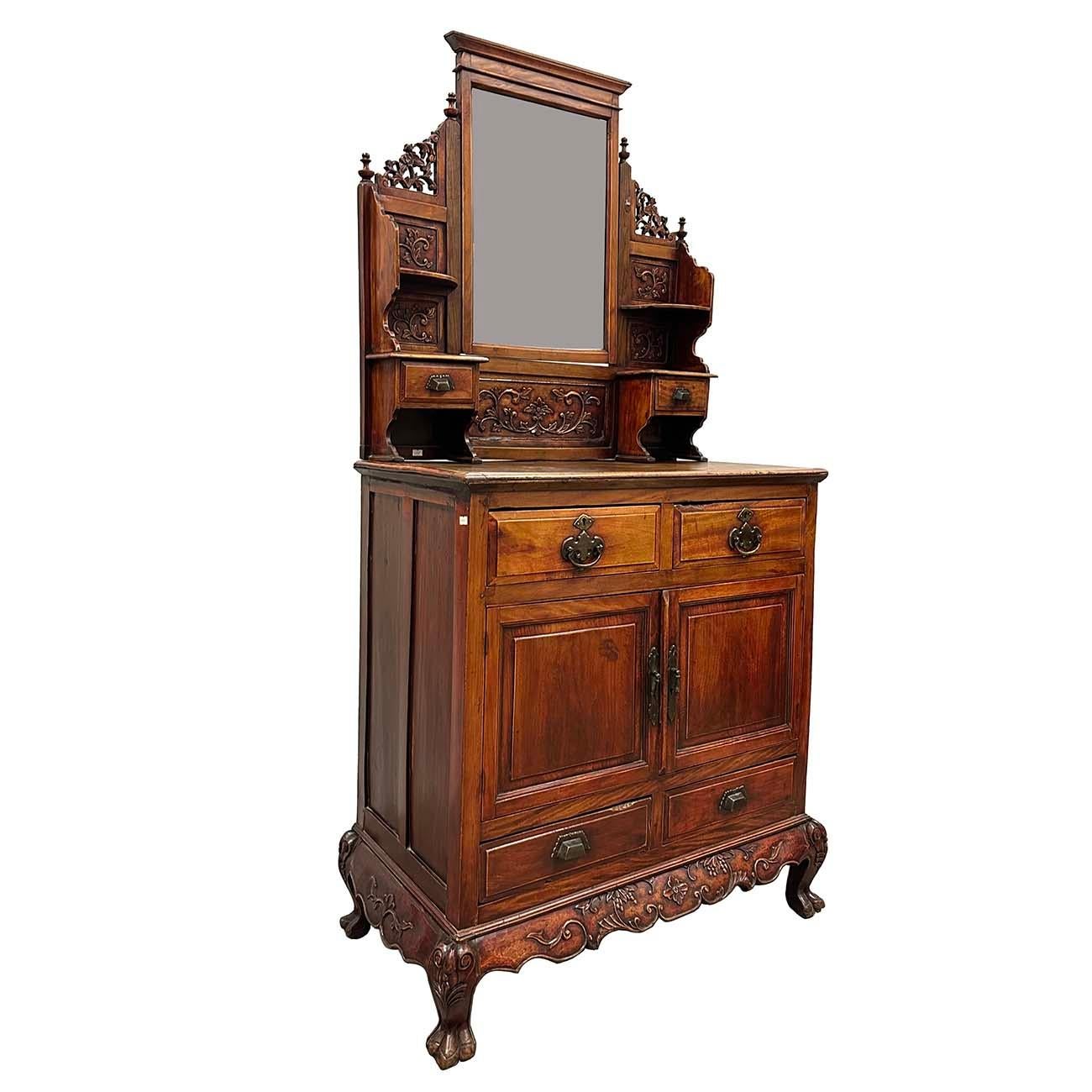 This fantastic Beech wood dresser is from Shanghai, China. it features mirrors on the center of top part, candle plateaus, relief carving works on the top and bottom and nice hardware. It has two small drawers on the top and two bigger drawer at