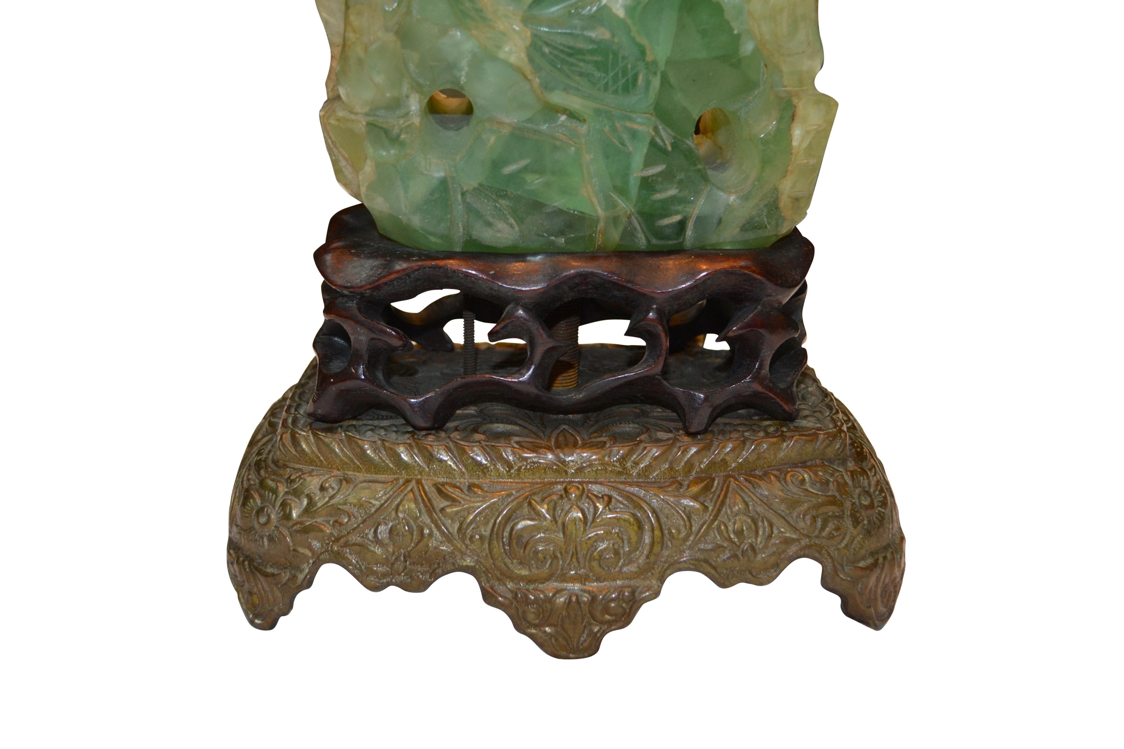 Hand-Carved Early 20th Century Chinese Carved Green 'Jadeite' Quartz Lamp